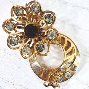 Vintage Rhinestone Brooch Pin Pendant Purple Flower Atomic Age‎ Ladder Gold Tone